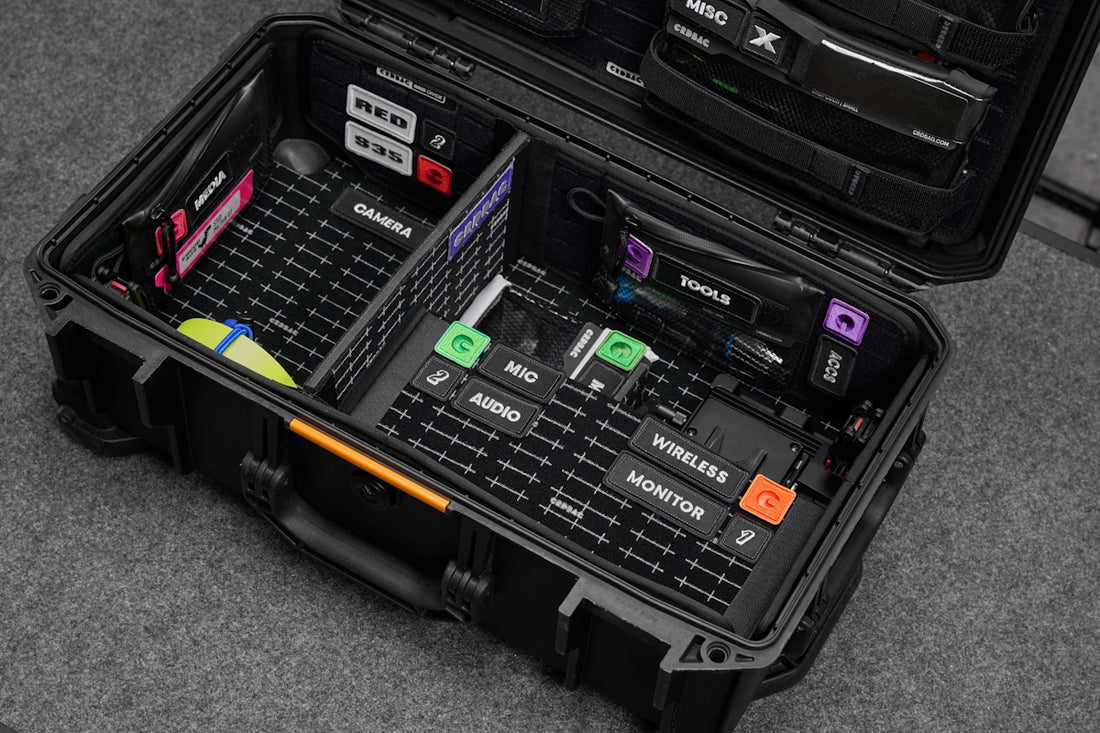 A black case with musical equipment inside